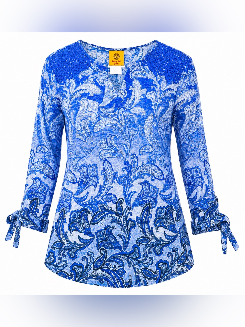 Ruby Rd Petite Blue Paisley Lace Shoulder Tie Sleeve Top PM